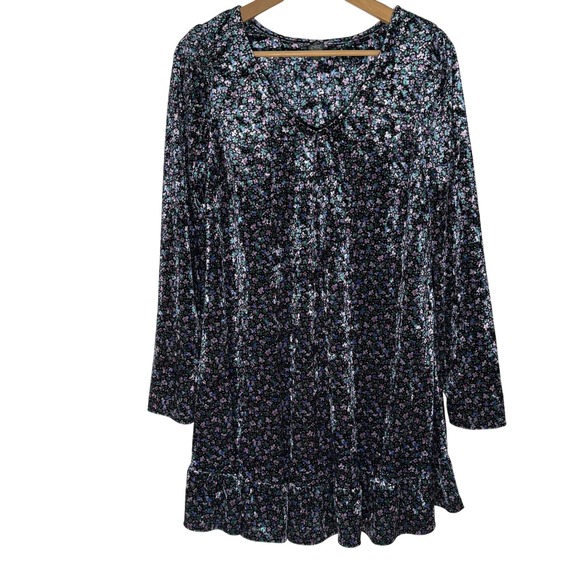 Wild Fable Velvet Dark Floral Mini Dress Women Sz Large Ruffle Hem Puff Shoulder - Picture 1 of 8
